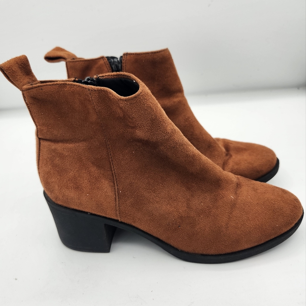 Womens Ankle Boots Block Heel Brown Suede Leatherette Booties Shoes